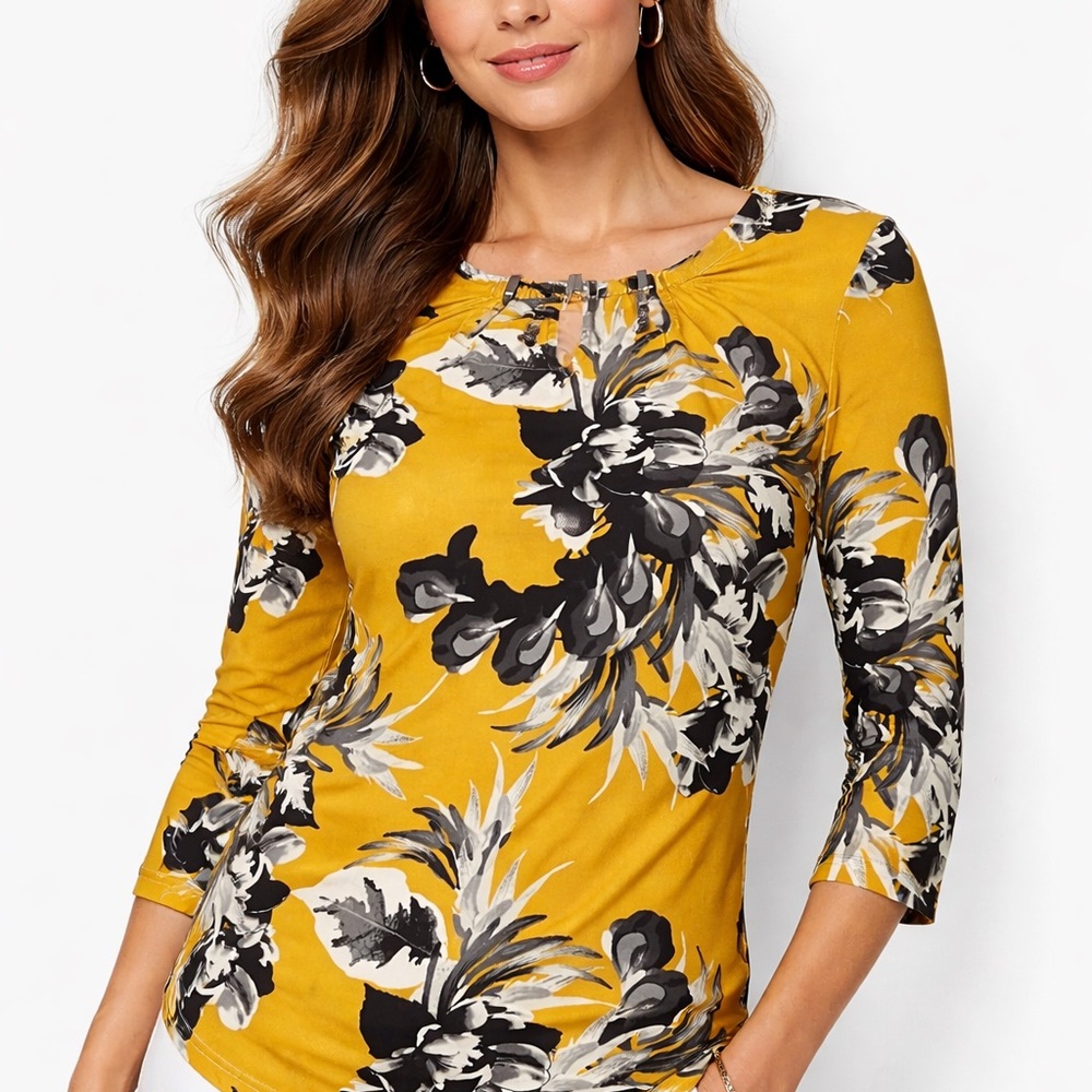 7th Avenue NY&Co Mustard Floral Keyhole Top | 3/4 Sleeve | Small - Picture 14 of 14